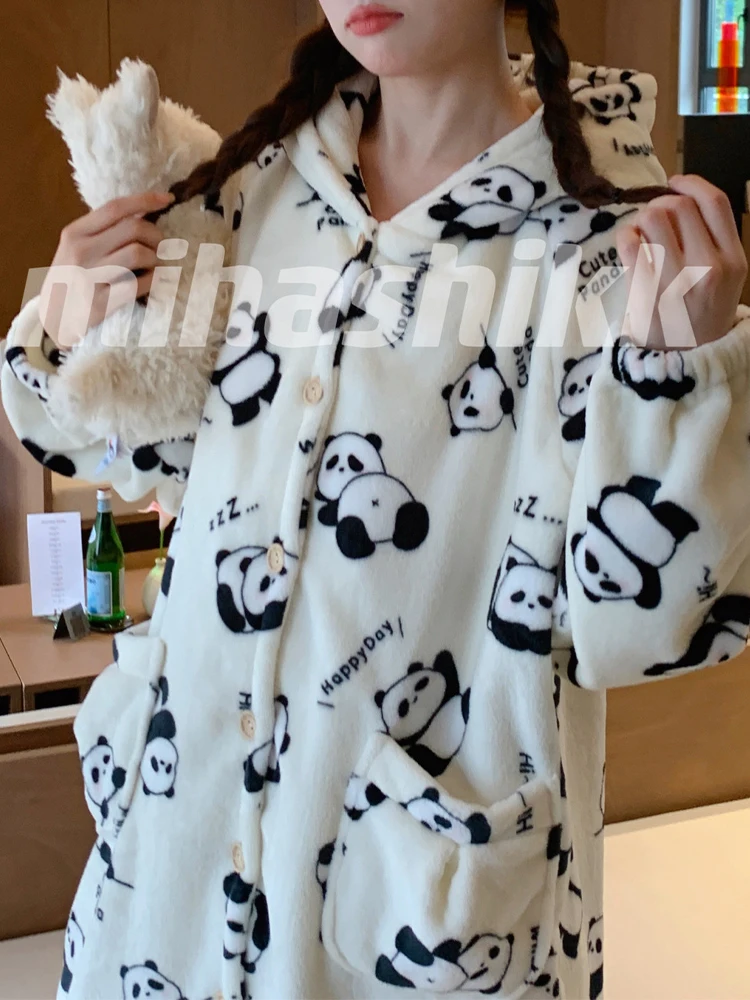 Fall Winter 2024 Women\'s Robe Pants Pajamas Cute Panda Print Fleece Thick Night-robe Nightgown Hooded Pockets Long Robes 40917