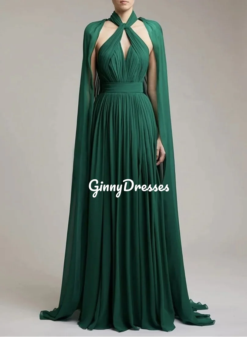 Customized Dresses For Prom A-Line Halter Chiffon Floor-Length Ruffle Luxury Evening Dresses Cap Straps Wedding Party Dress