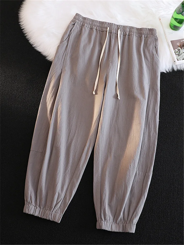 

Men's Summer Loose Linen Cotton Casual Pants Seven-Foot Length Baggy Harlan Pants Cuffed Lantern Pants Large Size Leisure Tro...