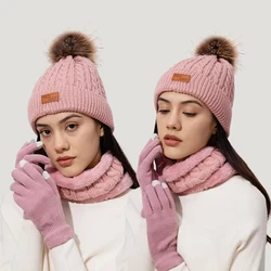 Winter Women Hat Scarf Gloves Set Faux Fur Ball Teenager Girls Knitted Beanie Neck Warmer Scarves Touch Screen Gloves Suit 3PCS