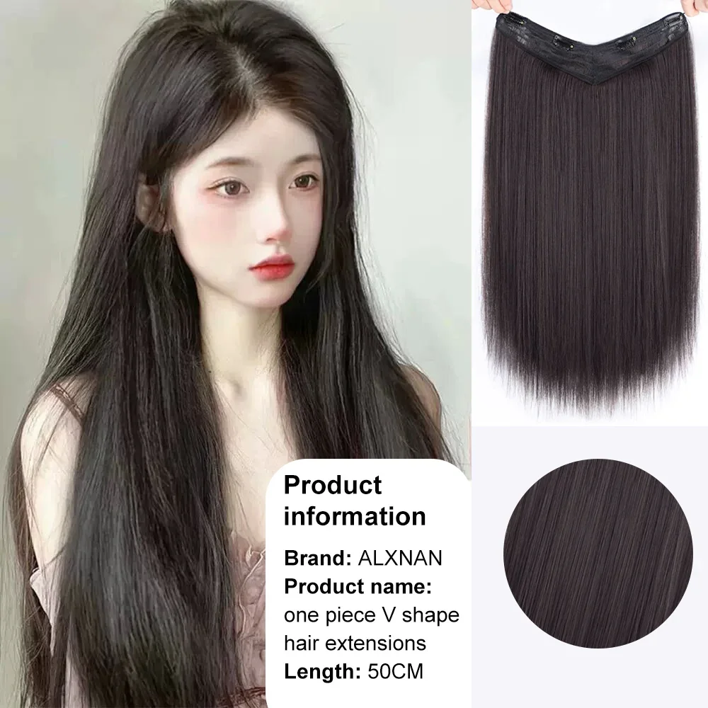 ALXNAN-extensiones de cabello sintético recto en forma de V, fibra de alta temperatura resistente, negro y marrón postizo, 50CM