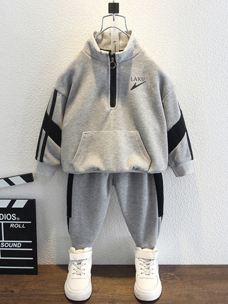 

Autumn Children Boy Lapel Clothes Set Zip Stripe Sweatshirts Top and Pants 2pcs Suit Kid Girls Fashion Patckwork Tracksuits