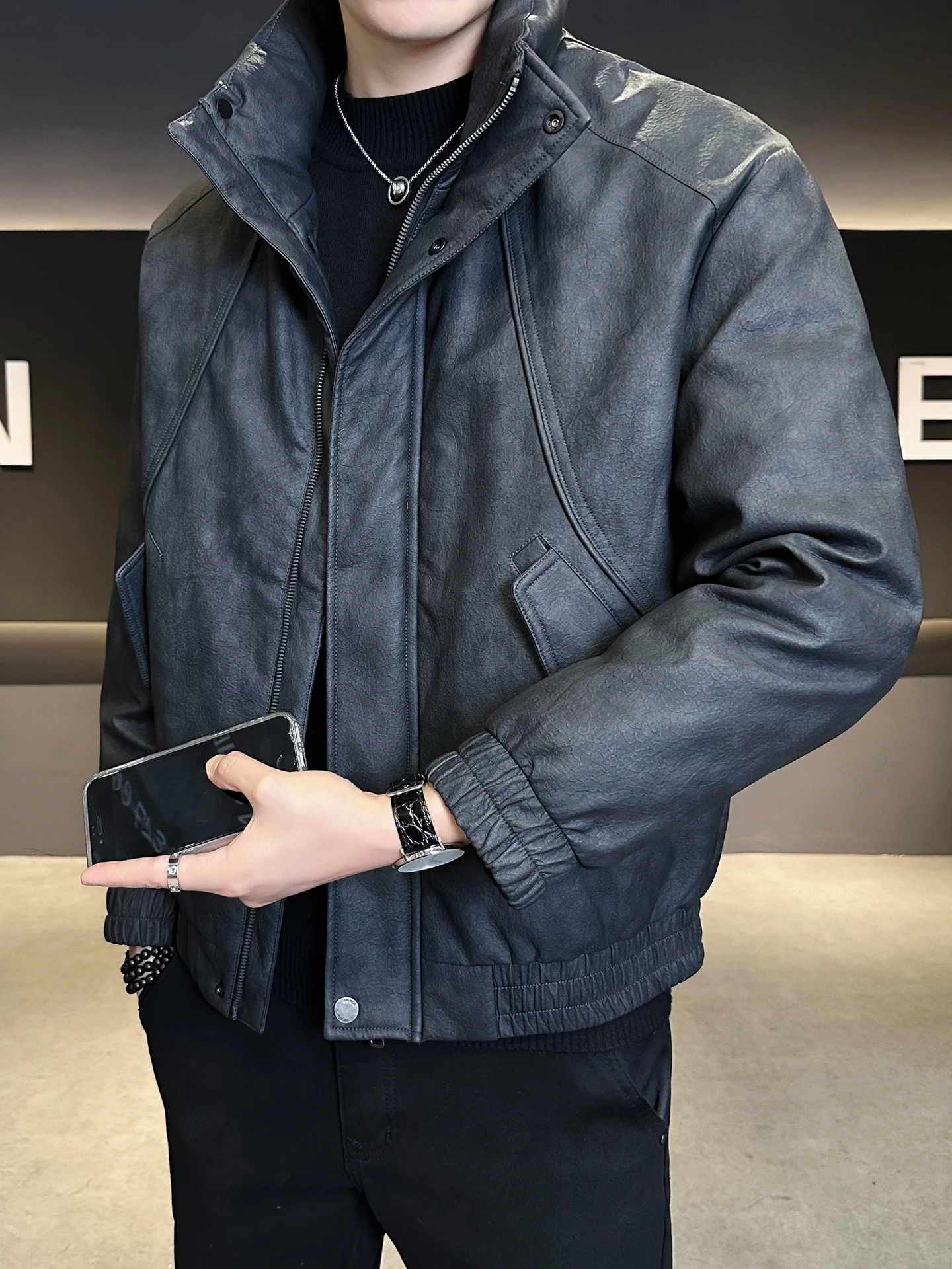 الرجال الجلود أسفل Jaet الأمريكية الرجعية Thiened الدافئة Du أسفل معطف التعادل صبغ الوقوف طوق الشتاء برهان ملابس خارجية #2