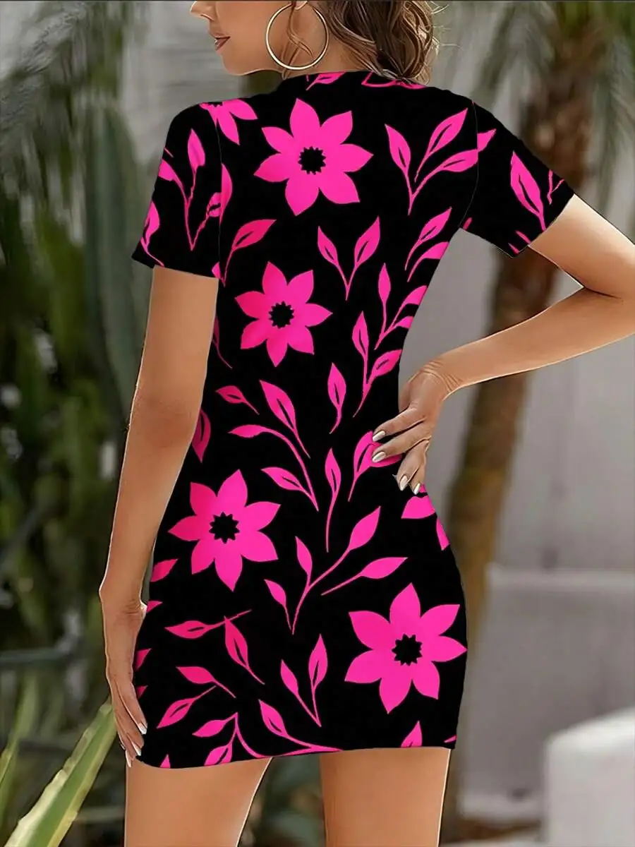 

Floral Print Short Sleeve Bodycon Dress Pink Flowers On Black Background Summer Leisure Wear For Women