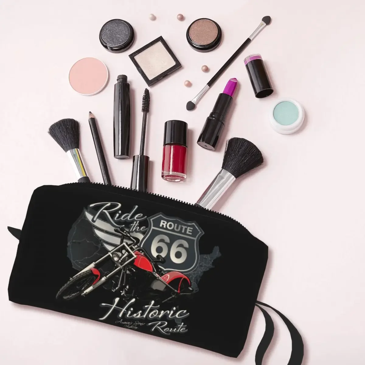 Bolsa de cosméticos de viaje para motocicleta, estuche de maquillaje de gran capacidad, lindas bolsas de aseo de almacenamiento de belleza, Ruta 66, carreteras numeradas de EE. UU.