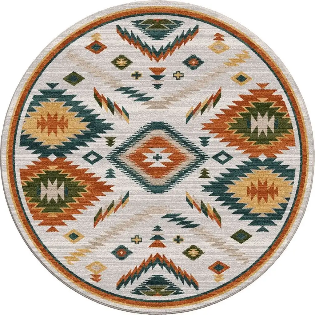 Round Aztec Rug Ivory Grey Base Teal Caramel Printed Circular Carpet Center Diamond Cross for Sofa Coffee Table Floor