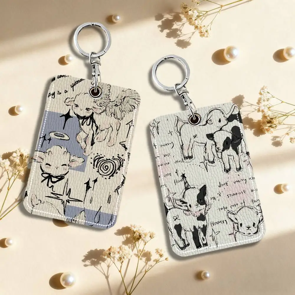 Angel Sheep Keyring Leather Access Card Holder Keychain Community Water Drop Proximity Card Protective Case