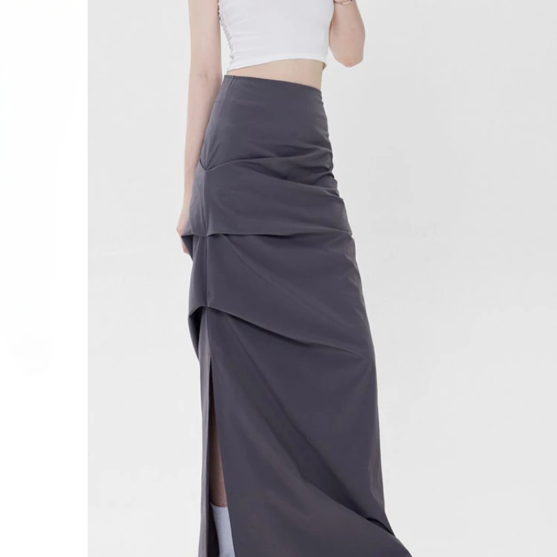 우아한 분위기의 A 워드 오버 스커트, 툴링 사이드 슬릿 롱 스커트, 용수철 여름 패션 통근자 여성 원피스