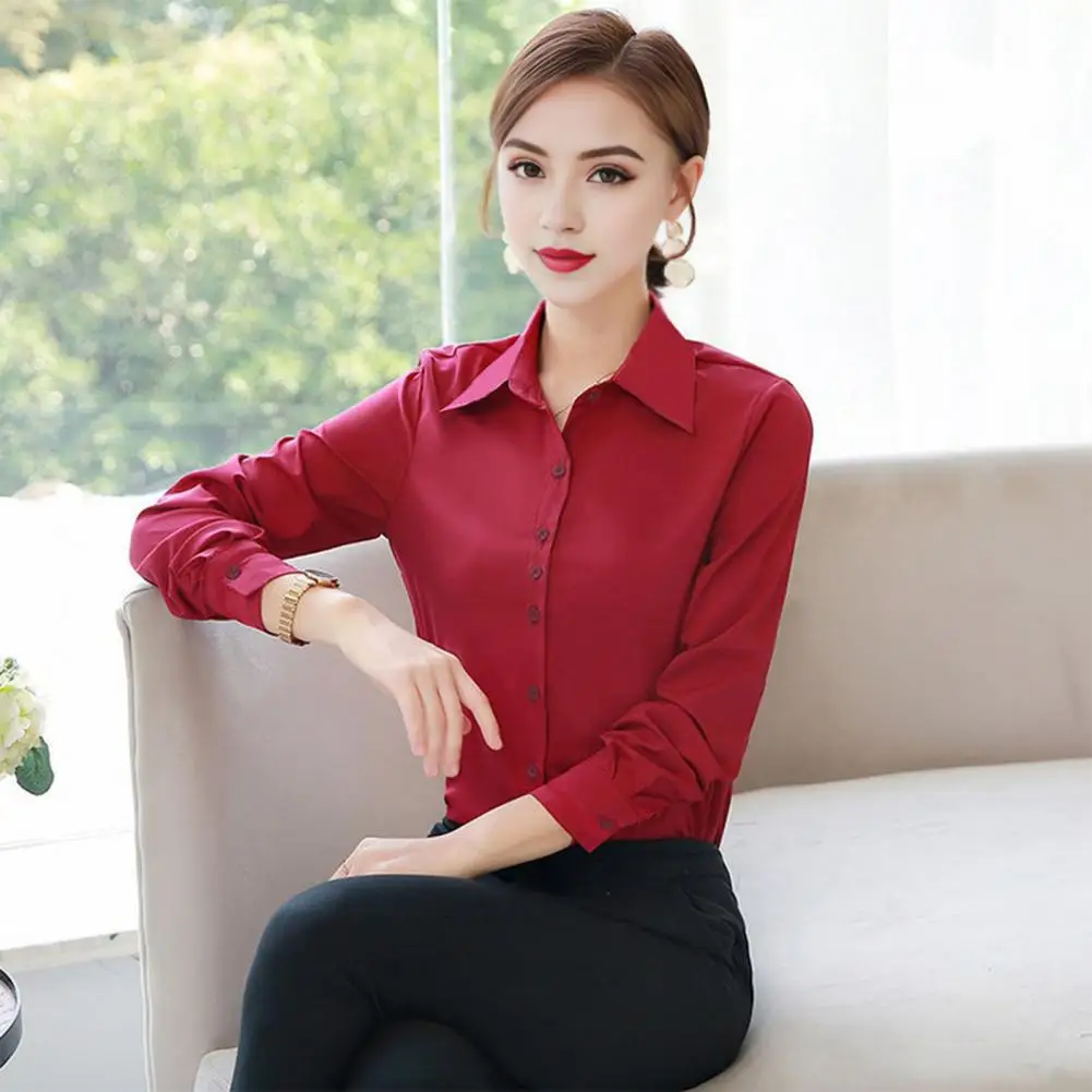 

Stretchy Long Sleeve Top Elegant Women's Lapel Collar Long Sleeve Shirts Solid Color Slim Fit Office Lady Shirt Tops for Work