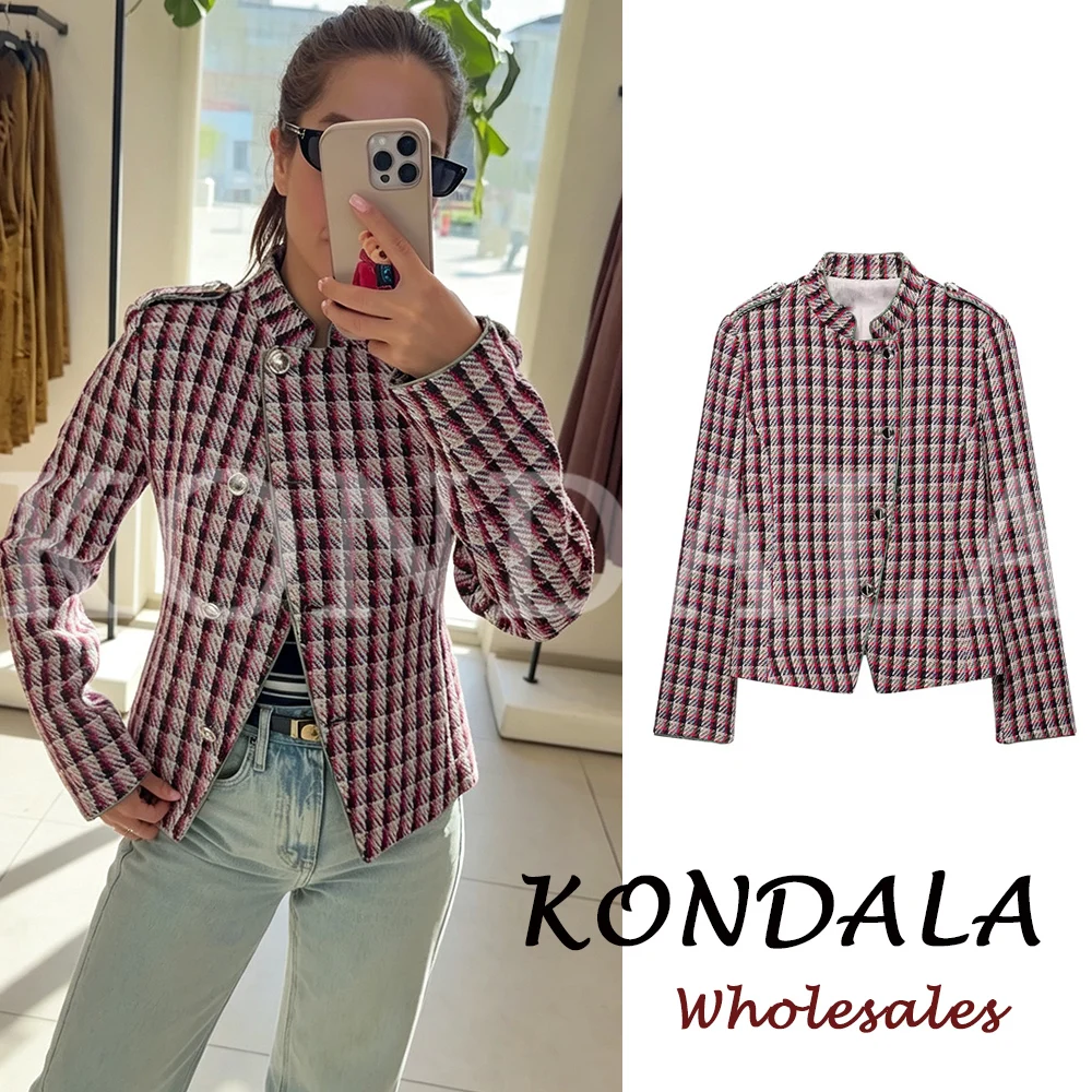 KONDALA Women 2026 Autumn Plaid Asymmetrical Blazer Elegant Office Lady Single Breasted Pocket Casual Streetwear Work Jacket