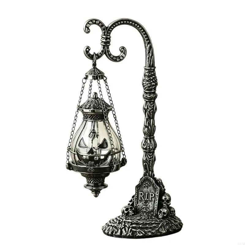 Halloween Hanging Light Holder Stand for Indoor Display, Arched Pumpkin Lantern Stand with Grave Marker Base for Shelf, 37JD