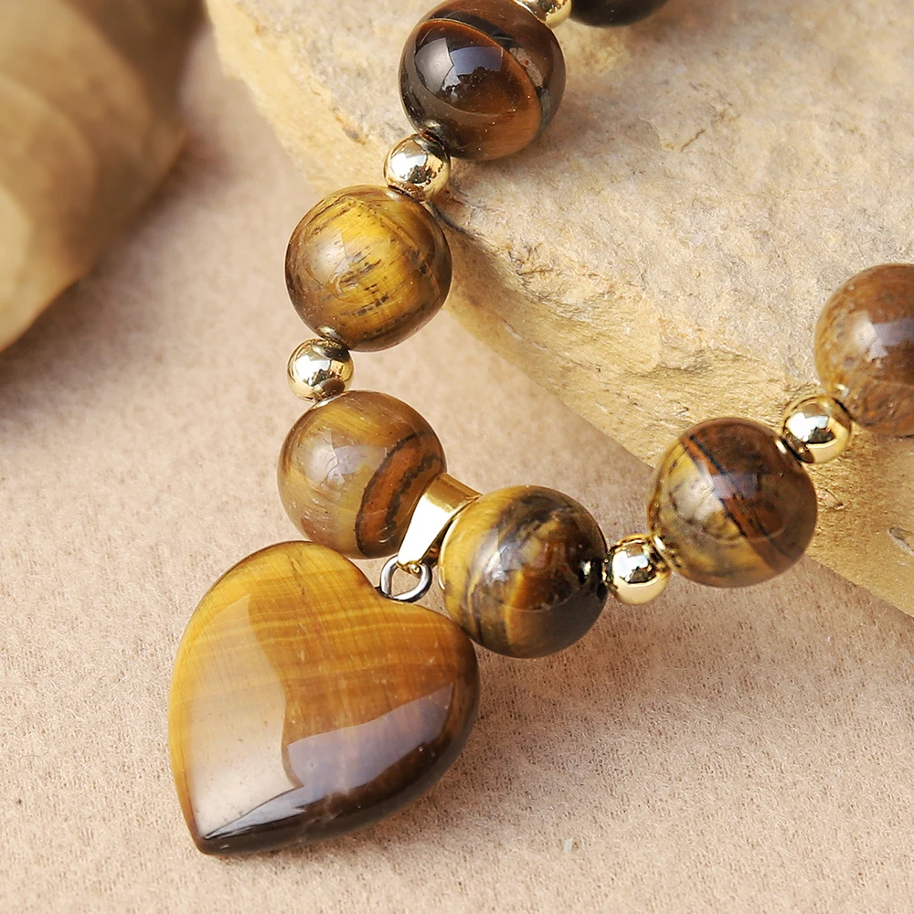 قطعة واحدة من قلادة قلب مطرزة على الطراز البوهيمي مع خرز عين النمر المستدير وخرز ذهبي، هدية رائعة مناسبة لجميع المواسم #4