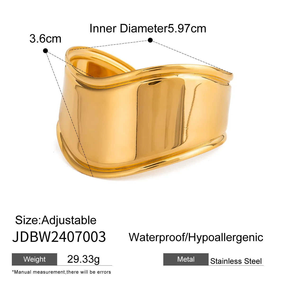 Stainless Steel PVD 18K Gold Plated Tarnish Waterproof Wide Band Bangle For Woman Jewelry Wholesale Trendy