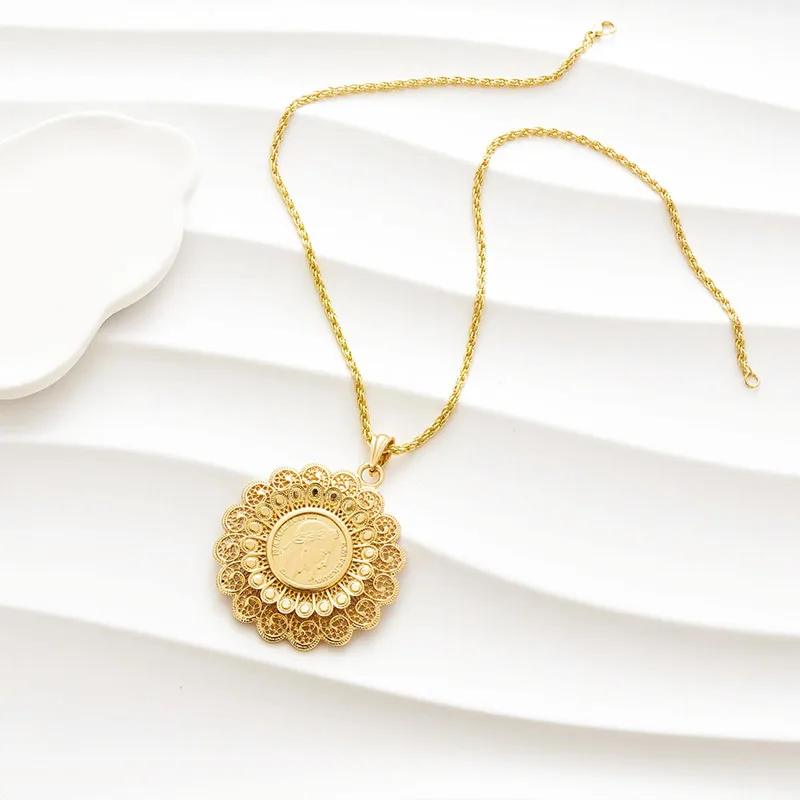 

Arabian Momen Robe Jewelry Set Algerian Gold Color Pendant Fatima Coin Choker Dubai Ladies Necklace Slide Chain