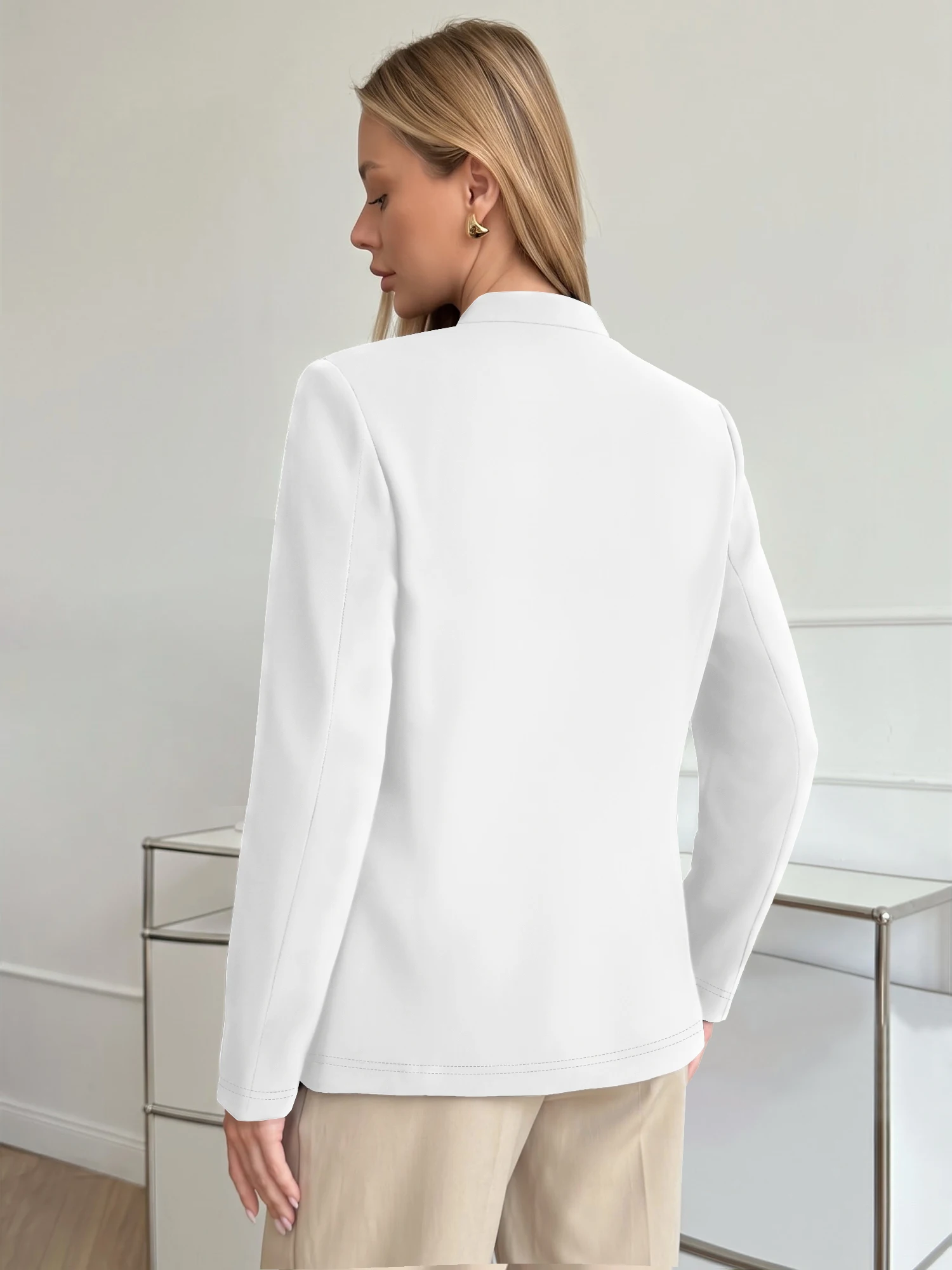 Ladies Elegant Slim Blazer Stand Collar Open Front Long Sleeve Solid Lightweight Office Daily Wear Suit Outercoat