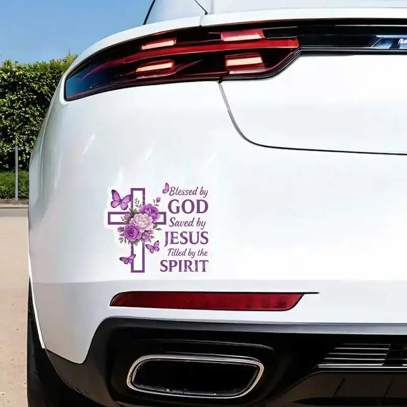 Purple Cross Flowers Butterfly Text Durable Waterproof Vinyl Stickers Religious Christ Style for Car Laptop Wall Decoration Q44