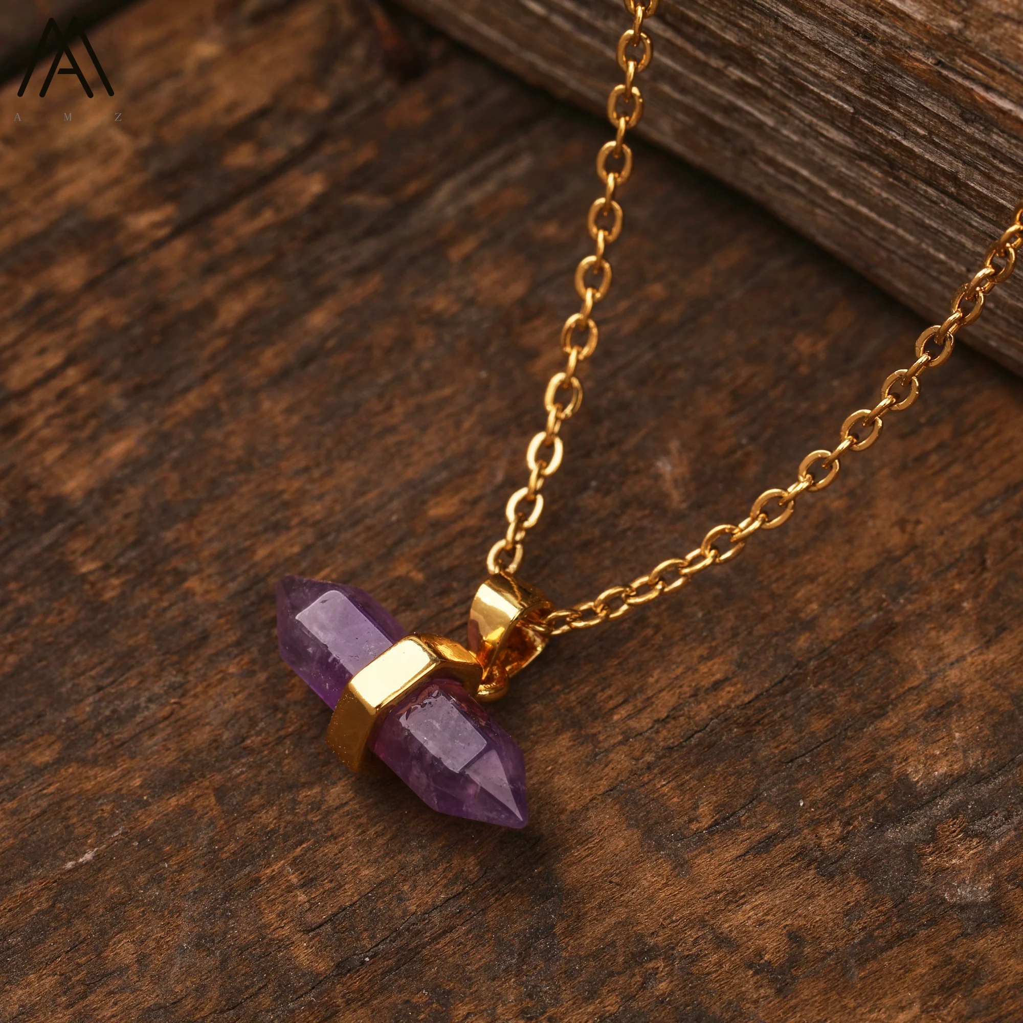 Tiny Hexagonal Amethyst Crystal Pendant Women Gemstones 18K Real Gold Plated Chains Necklace Handmade Jewelry Gifts Dropship