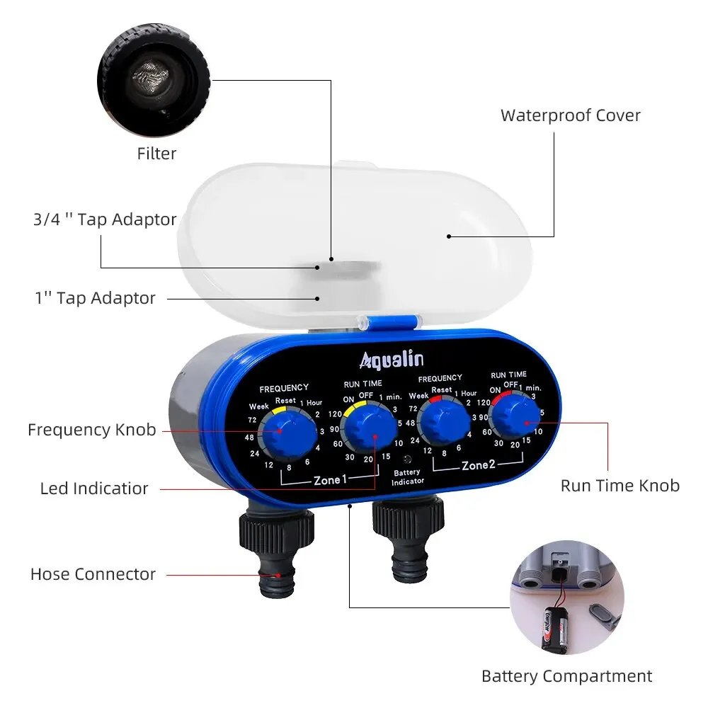 Válvula de bola de riego automático de dos salidas, temporizador de agua de cuatro diales, controlador de riego de jardín a presión 0 para jardín, patio