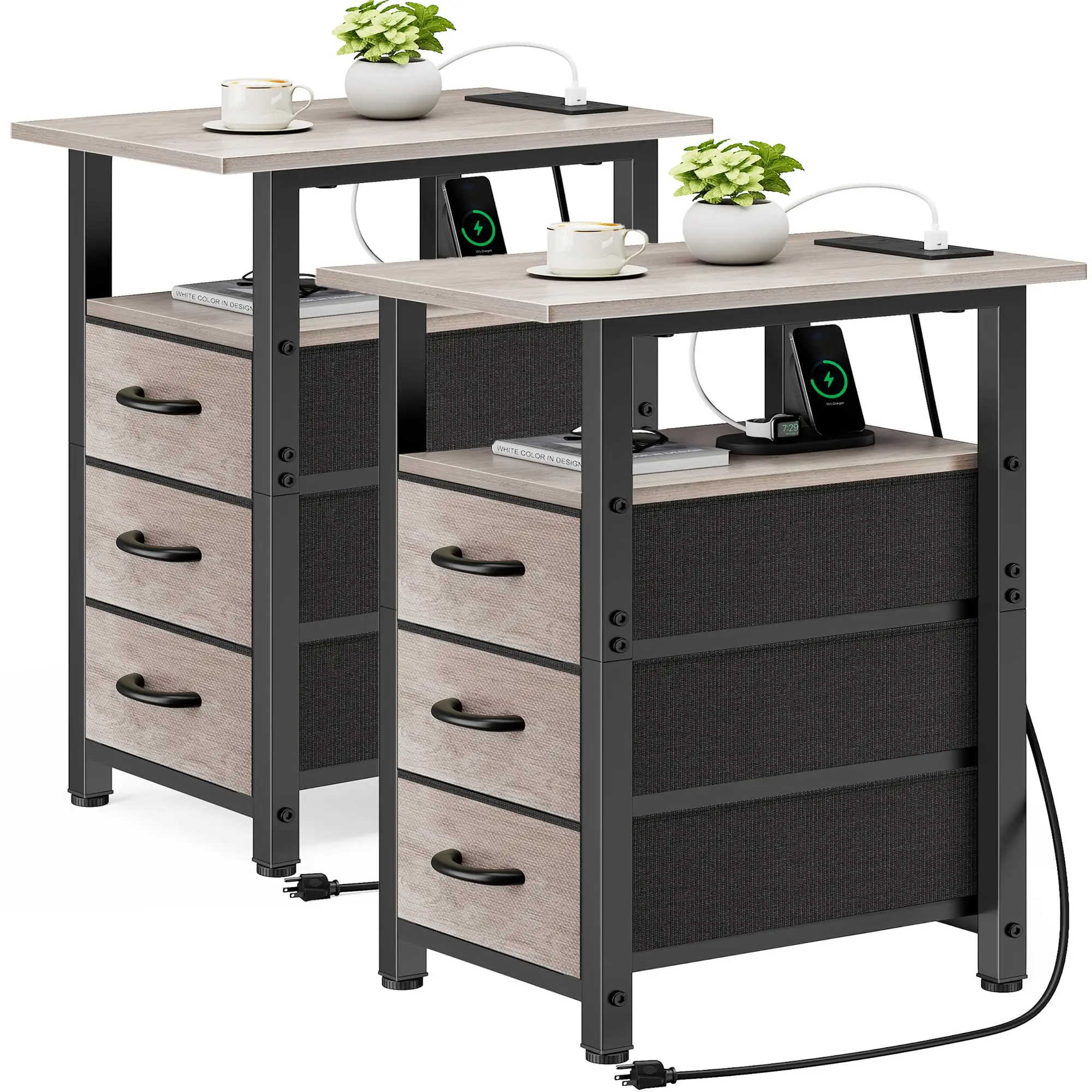 

Slim Wood-Top Side Table With 3 Fabric Drawers And Built-In Charging Pad For Living Room Or Bedroom