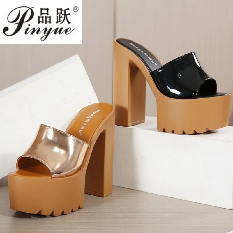

14cm Summer Super High Heels Sandals Women Platform Chunky Heel Slippers Ladies Fashion Open Toe Mules Shoes 34-39