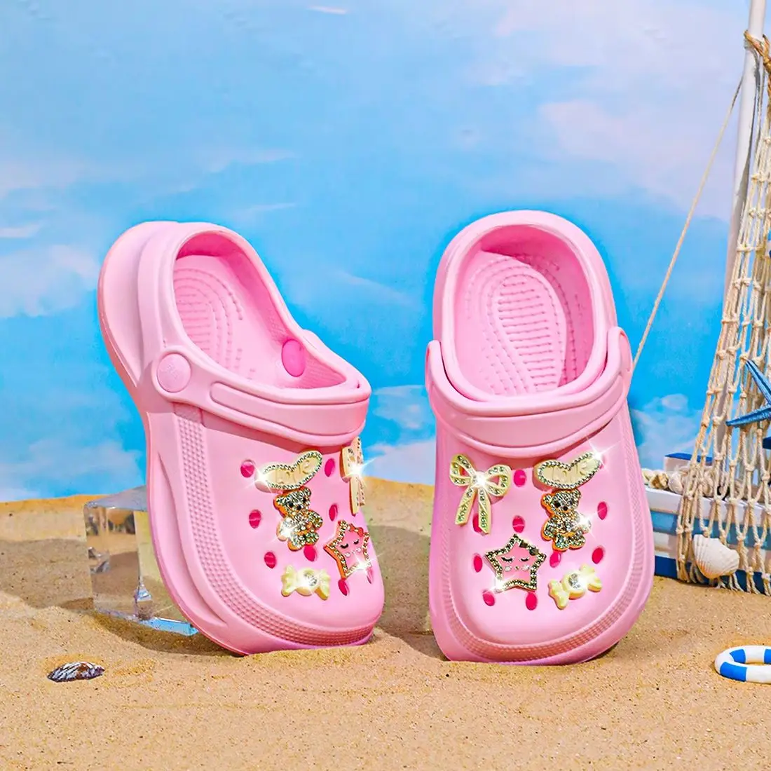 Kids Slip-On Clogs and Mules - Breathable, Waterproof, EVA Garden Shoes with Decorative Chain for Beach and Everyday Wear 168