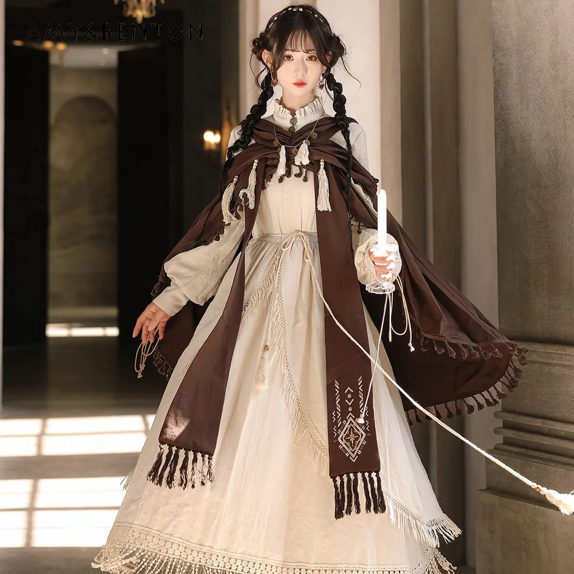 

Women Vintage Lolita Dress Tassel Shawl Set 2 Piece Desert Style Stand Collar Long Sleeve Loose Casual Party Cosplay Costume
