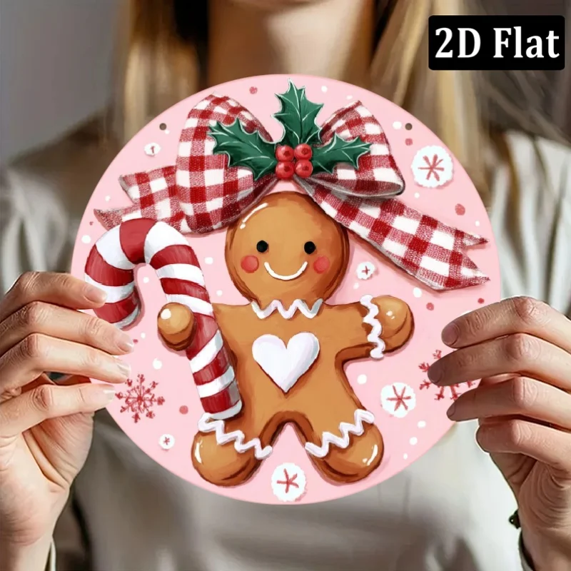 2D Flat, Pink And Red Gingerbread Christmas Wreath Wall Decor Sign - Round Holiday Tag with Gingerbread And Candy Cane Bow, Mode