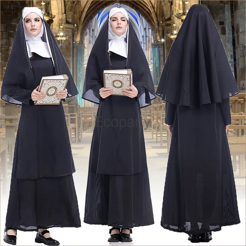 

Women Traditional Nuns Costumes Halloween Black Robe Religious Catholic Priest Sister Clothes Lady Carnival Cosplay Party Outfit