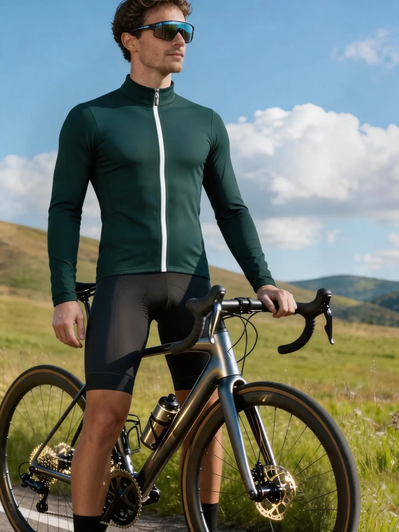 Unisex Cycling Long Sleeve Jersey Spring Autumn Dark Green Slim Fit Quick Dry Zipper Stand Collar Pro Classic Road Cycling
