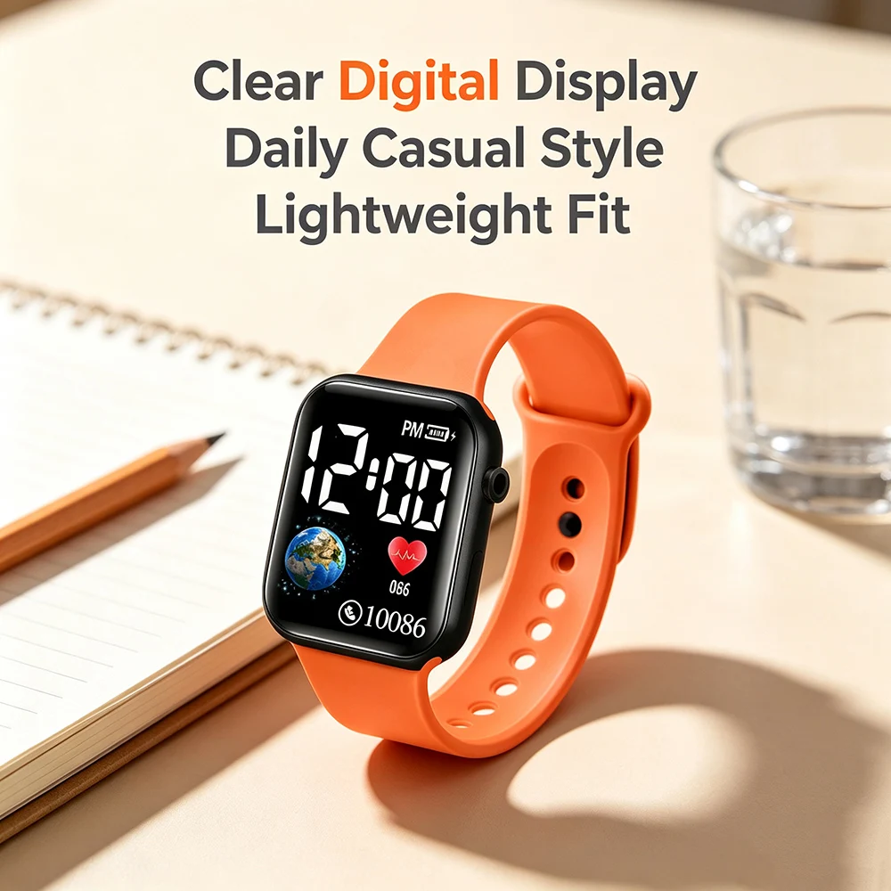 Square LED Digital Watches for Children Students Soft Silicone Band Large Display Kids Sports Watch Teen Boys Girls Gift