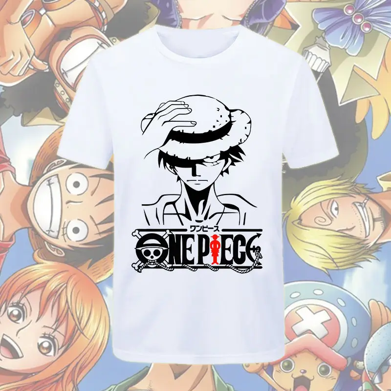 

Official One Piece White T-Shirt Men's Luffy Silhouette Graphic with Classic Logo and Multi-Character Background Anime Cotton T