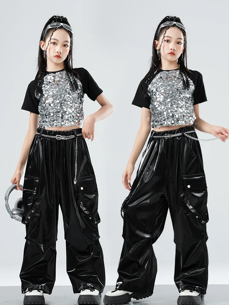 2025 الفتيات ملابس رقص الجاز موضة Kpop المرحلة الزي الترتر المحاصيل القمم الأسود خلط السراويل الهيب هوب زي الشارع الشهير VDL4586 #4