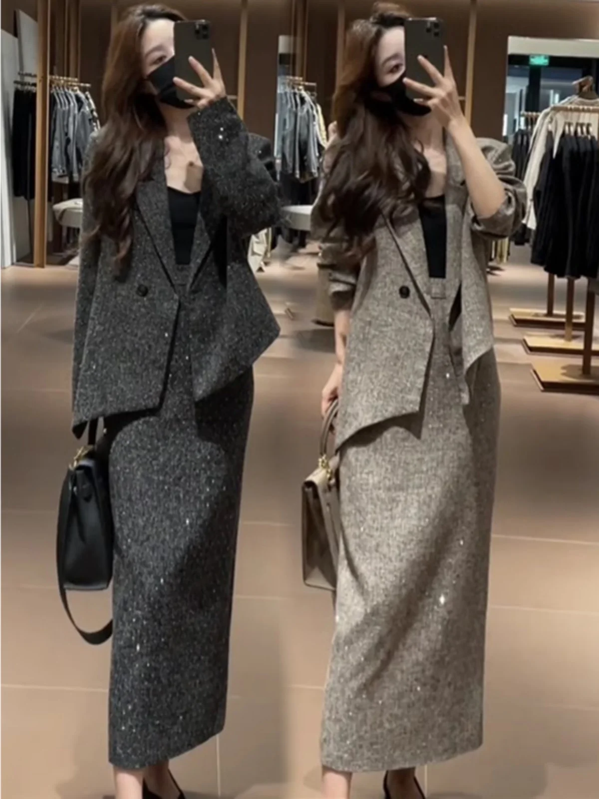 Spring Fashion Diamond Embedded Women\'s Suit Set High Waist Skirt And Jacket Two-Piece Set Luxury Style Long Sleeve Button up