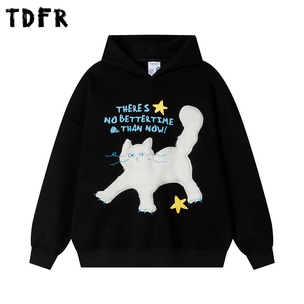 القط التطريز طباعة قمصان سويت شيرت بقلنسوة رجالي الخريف الشتاء الصوف عادية فضفاض كم طويل هوديس رجل #1