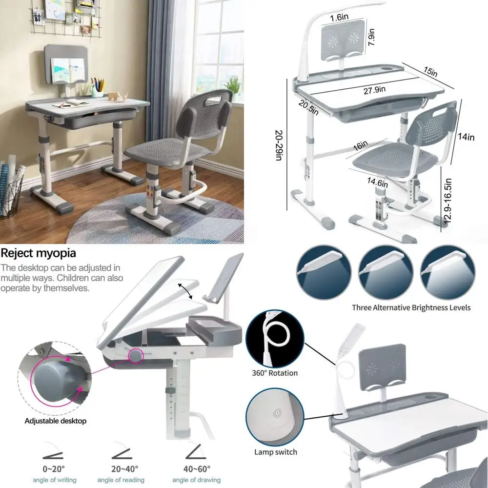 Ensemble bureau et chaise pour enfants à hauteur réglable pour étudier avec table inclinable, support de livre, lumière LED, crochets métalliques et rangement