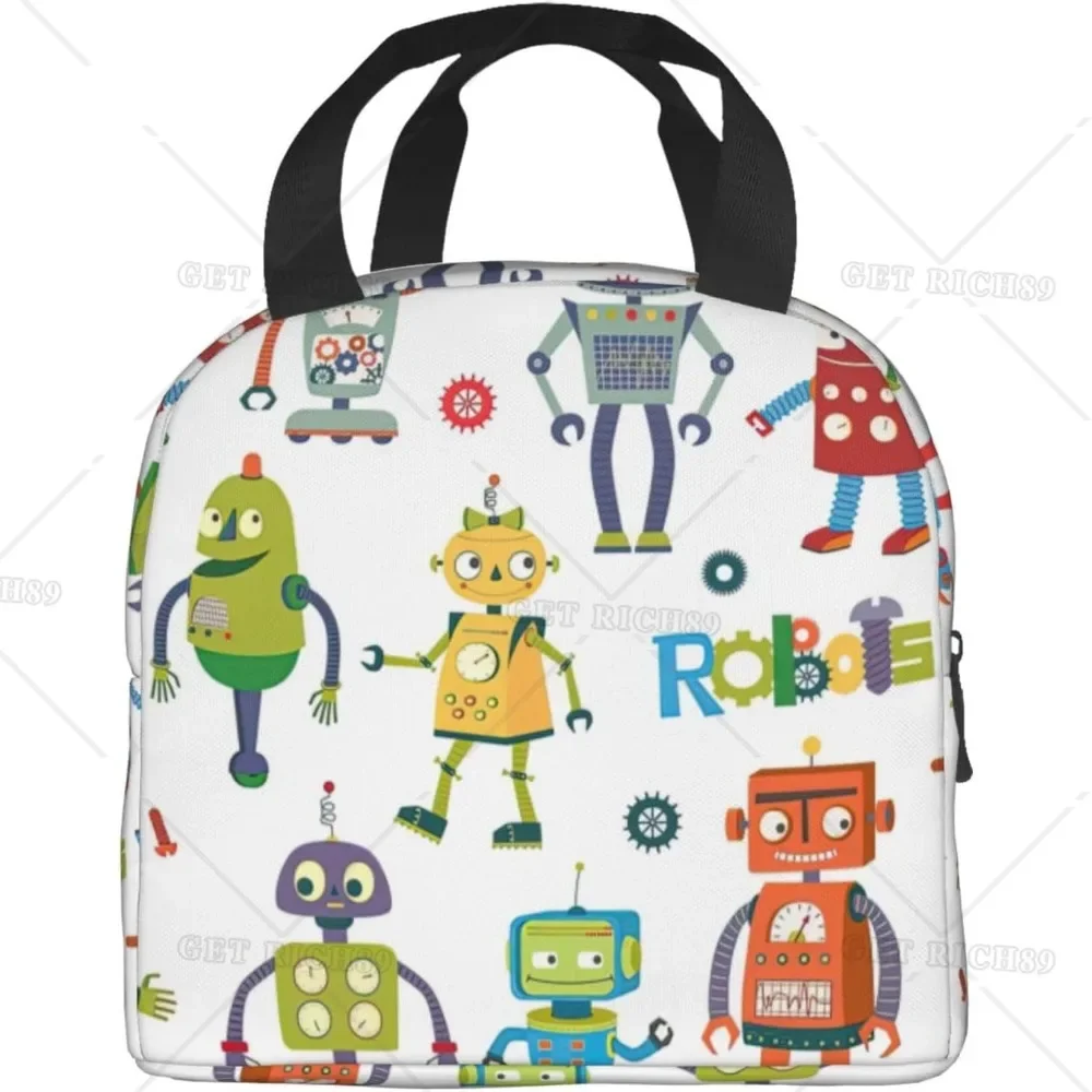 صندوق غداء معزول مطبوع عليه روبوتات كرتونية لطيفة للنساء والرجال، حقيبة غداء متينة خفيفة، حقيبة حمل محمولة للعمل المكتبي #2