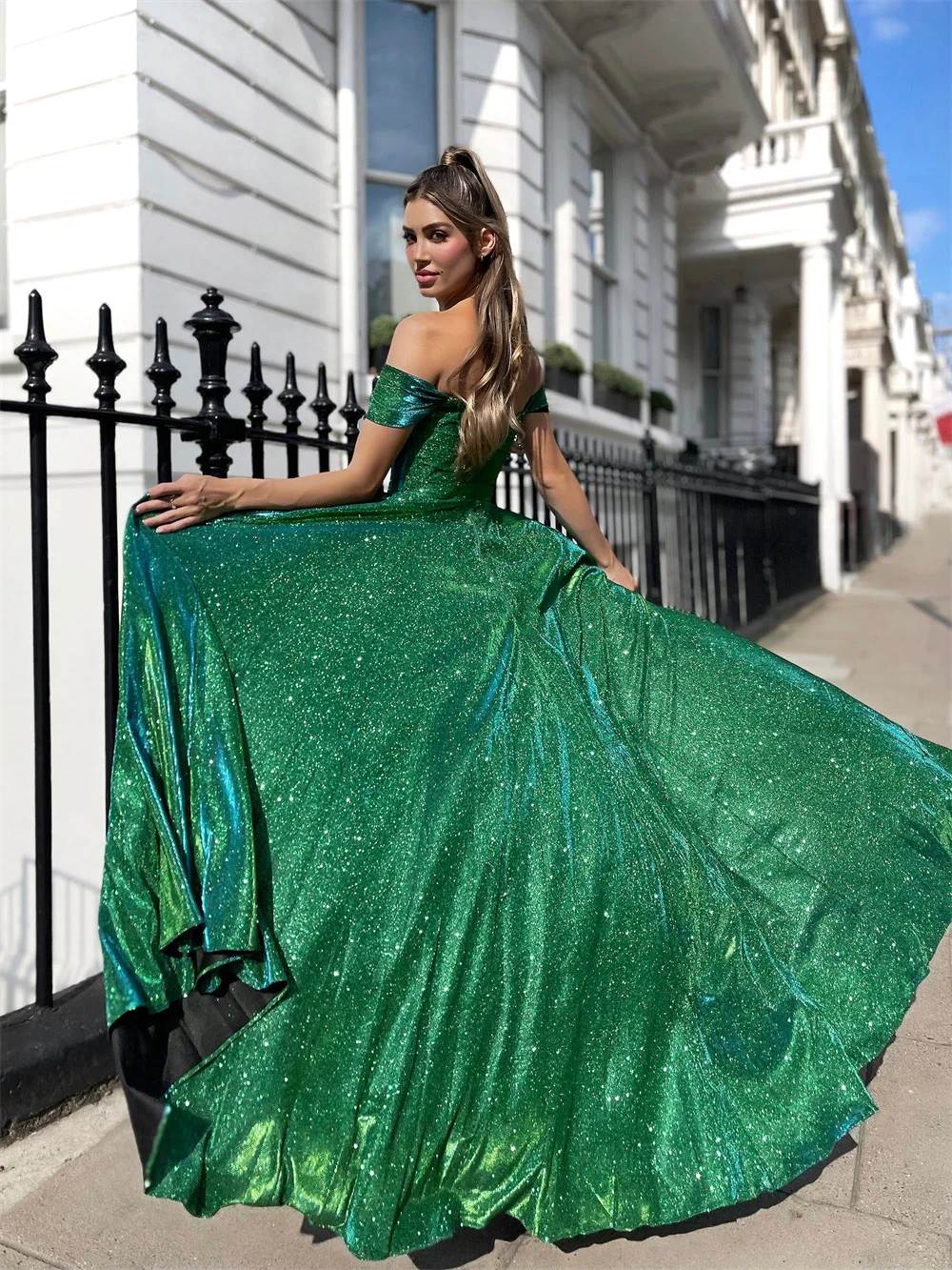 Off-the-shoulder Sweetheart Sparkly Prom Dresses With Split Corset Backless Formal Evening Gown A-line Long Ball Gowns for Women