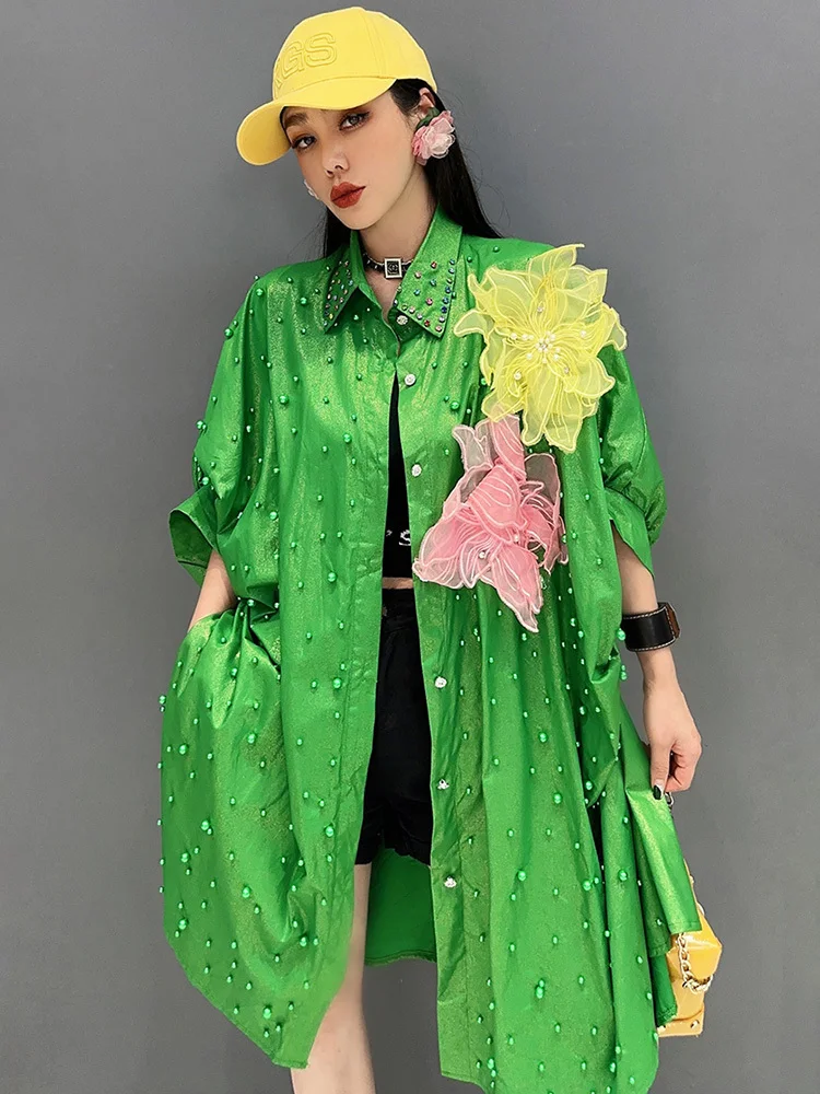 SHENGPALAE Women Long Shirt Nail Bead Inlaid Diamond 3D Flower Fashion Casual Loose Elegant Overcoat 2024 Summer New Tops 5R9868