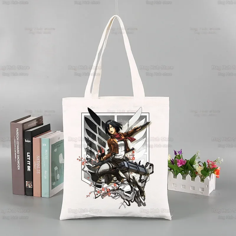 Mikasa Ackerman Canvas Shopping Bags Print Tote Bag Eco Reusable Shopper Bag Canvas Shoulder Bag Large Handbag Men Unisex Bags