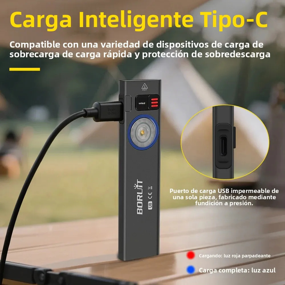 BORUiT U8 650LM EDC linterna LED tipo C linterna de trabajo recargable con imán impermeable linterna de bolsillo para acampar