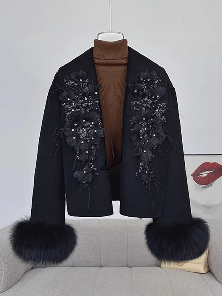 เสื้อโค้ทขนสุนัขจิ้งจอกแท้สำหรับผู้หญิง ฤดูหนาว ปี 2025  ผ้าขนสัตว์แคชเมียร์  ปักลาย  เสื้อคลุม