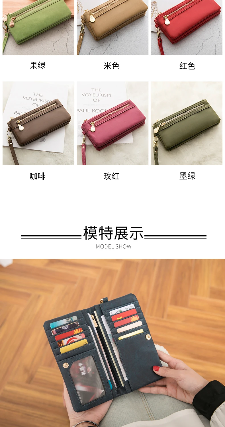 Große Damen-Geldbörse aus mattem Leder mit doppeltem Reißverschluss, Clutch-Handgelenktasche, Handy-, Münz- und Kartenhalter, Multi-Pocket-Geldbörse – Detail 4