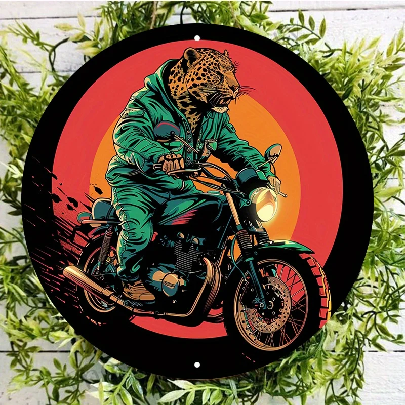 Motorcycle Riding Tiger Metal Sign, Round Aluminum Wall Art, Waterproof and Weather-Resistant, Outdoor and Indoor Decor HD Print