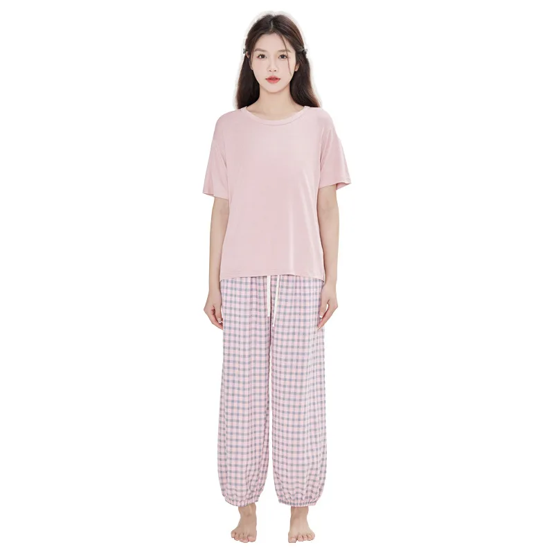 Summer New Arrived Modal Home Service Sleepwear Short-sleeved Trousers Ladies Pullover Pajamas Suit Korean Patchwork Loungewear