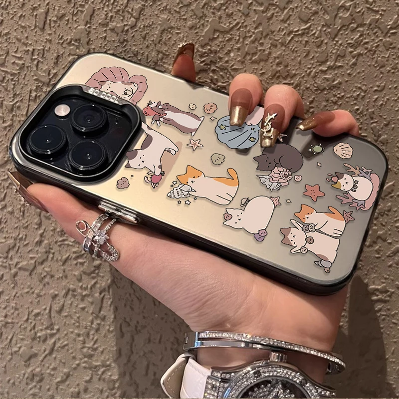 Funny Cute Doodle Cat IMD Hard Case For iPhone 16 ProMax 15 14 13 12 11 Pro Max XS X XR 16 Plus Y2K Plating PC Bumper Back Cover