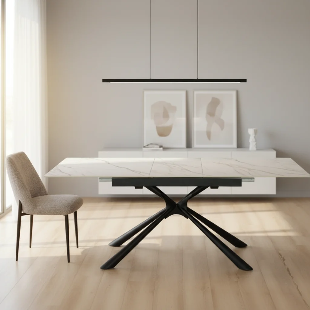 

Custom Modern Light Luxury Metal Legs Ceramic Tabletop Tempered Glass Extendable Rectangle Dining Table for Home Furniture 4prom