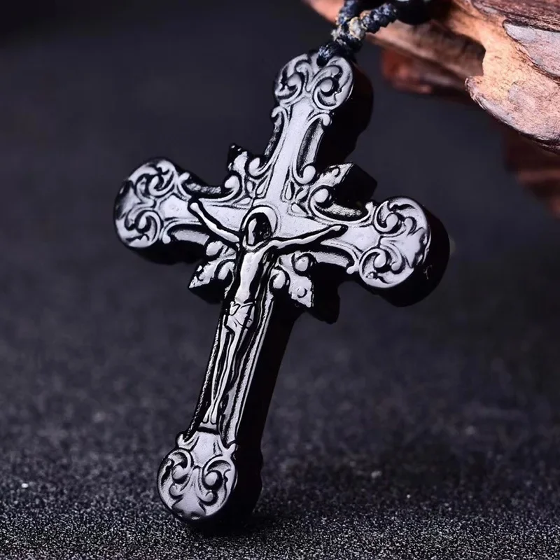 

Natural Black Obsidian Hand Carved Cross Pendant Fashion Boutique Jewelry Men's and Women's Cross Necklace Gift