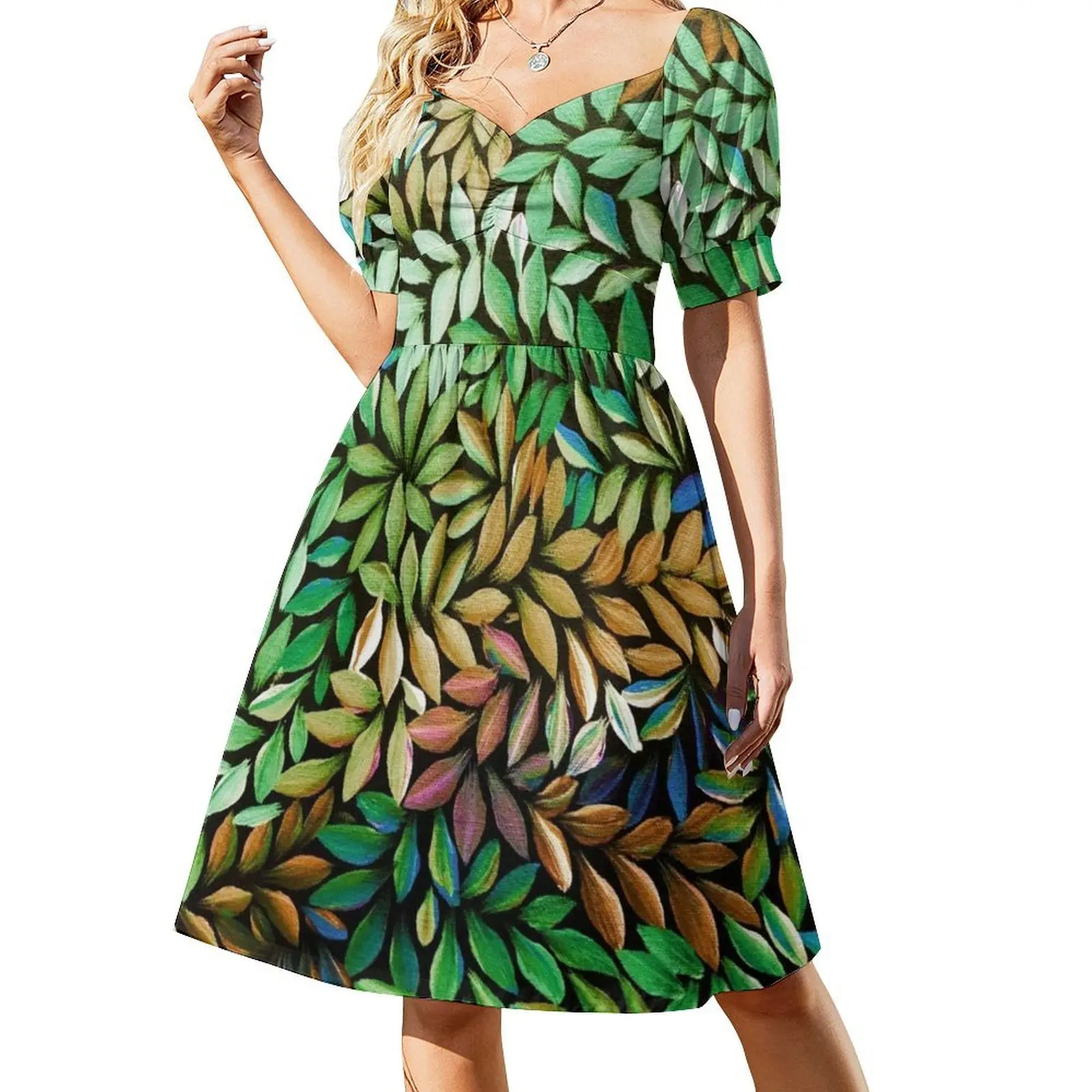 فن السكان الأصليين الأسترالي يترك فستان كاجوال على الطراز الكوري الأخضر للنساء فساتين مكتب يومية بسيطة للسيدات فن السكان الأصليين #2