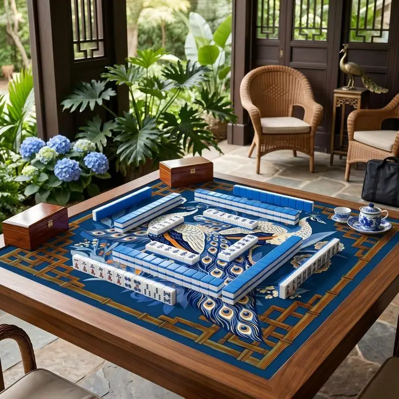 VIKAMA Dark Blue Golden Peacock Mahjong Mat Thick Shock Absorb Dual Use Chinese American Mahjong Table Pad