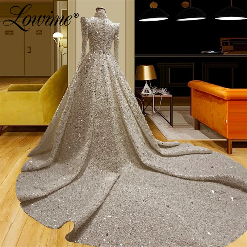 Heavy Beading Pearls Muslim Wedding Dresses High Neck Long Sleeves Middle East Dubai Wedding Bride Dress Bridal Gowns Customized